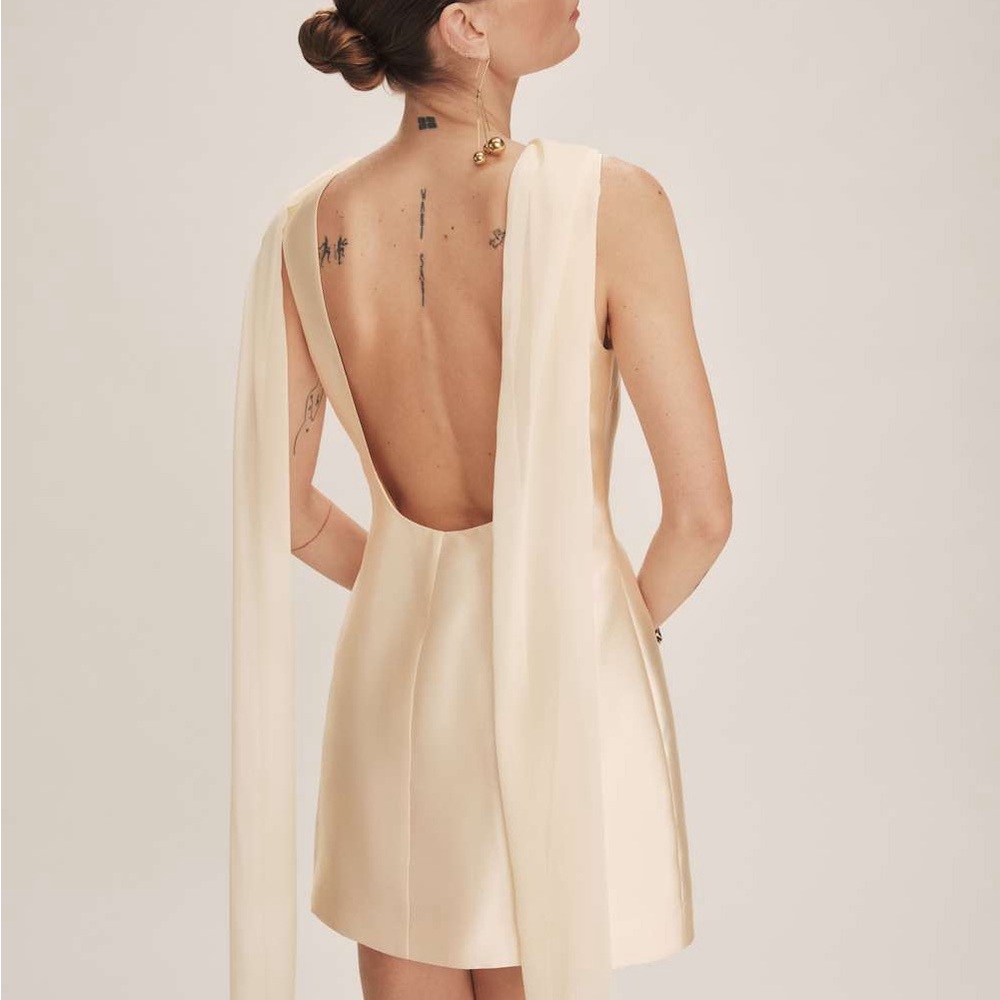 NWOT Reformation Ecru Satin Mini Dress with Drape Scarf - Picture 4 of 13